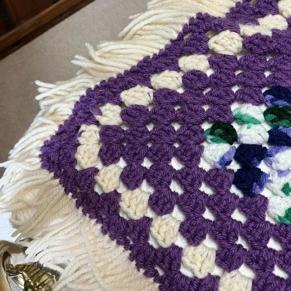 Vtg Granny Square Handmade Crochet Afghan Blanket Multicolor 51x60 Fringe